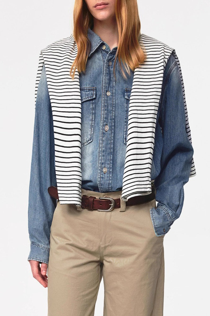 Retro Washed Denim Long Sleeve Top