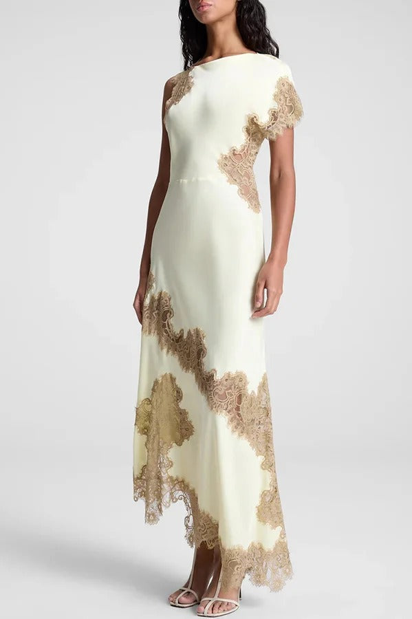 Paris Dream Satin Lace Trim Irregular Design Drape Maxi Dress