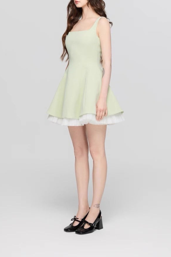 Square Neck Mesh Panel Mini Dress
