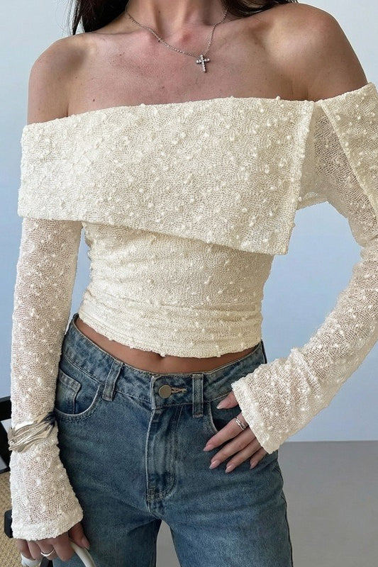 Foldover Off Shoulder Bell Sleeve Lace Tee
