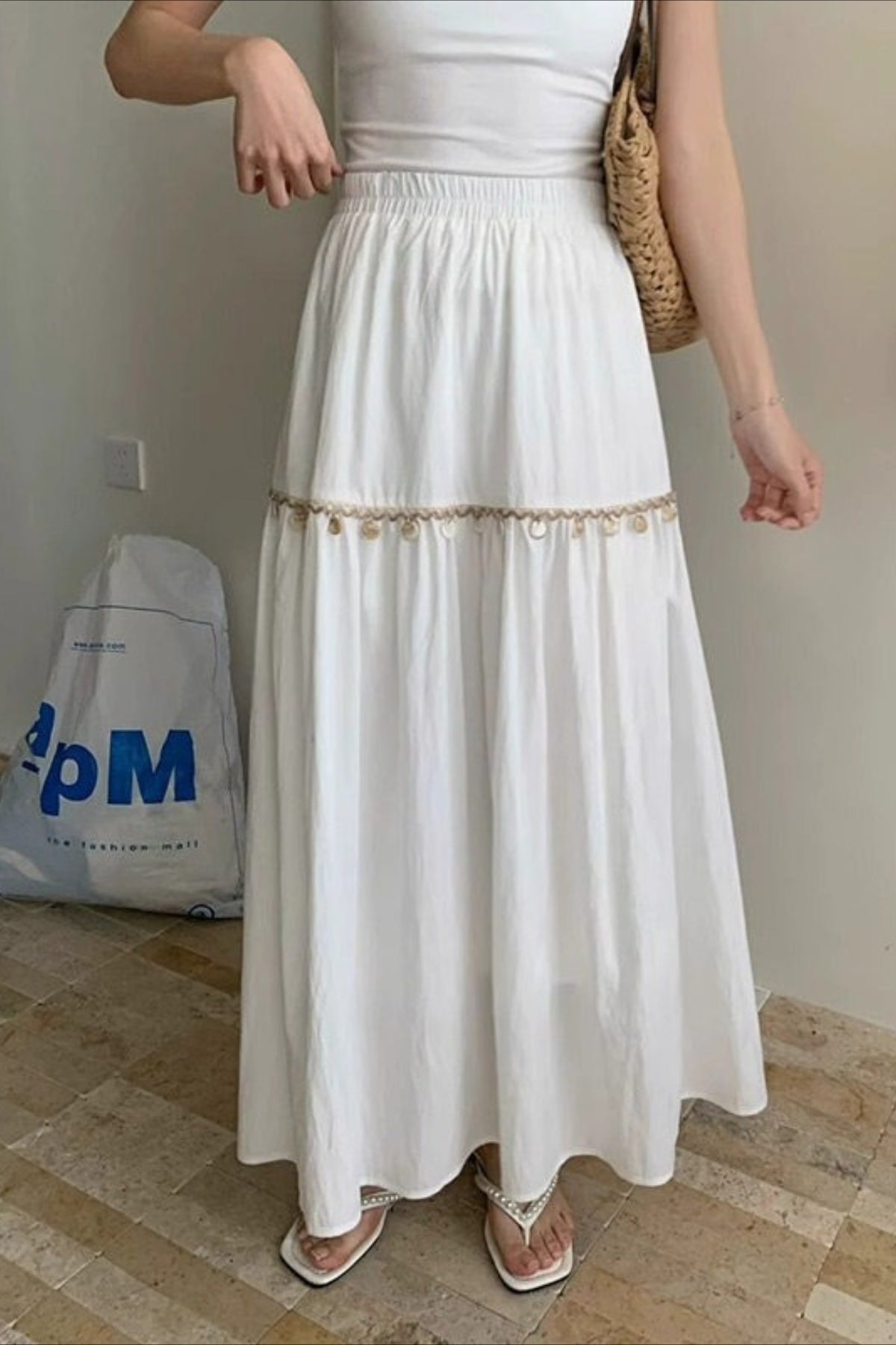 Minimal Shell Detail Fringe Patchwork Boho Skirt