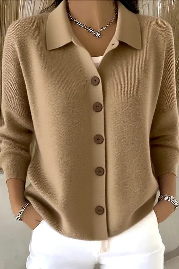 Casual Stylish Knit Solid Color Shirt Neck Button Up Long Sleeve Cardigan