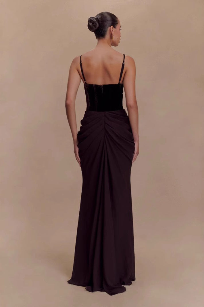 Cami Backless Mesh Paneled Waist Slim Elegant Long Formal Dress