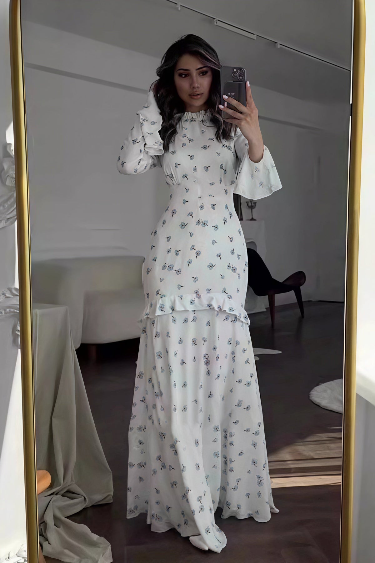 Ruffle Trim Slim Maxi Floral Dress