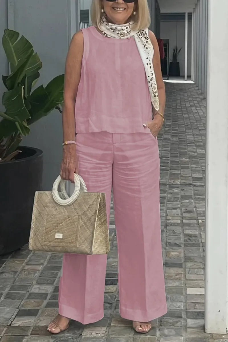 Cotton and Linen Sleeveless Top and Wide-Leg Pants Two-Piece Set