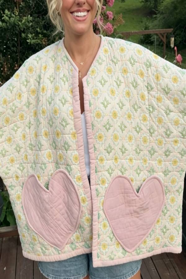 Sweet Floral Quilted Jacket With Heart‑Shaped Pockets