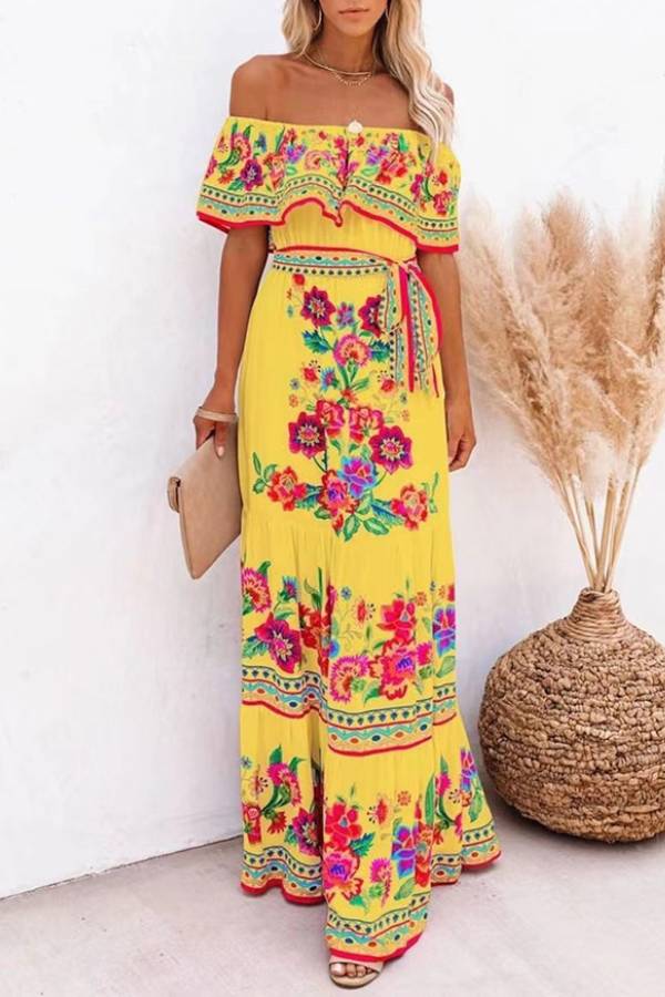 Bohemian Off-Shoulder Floral Print Maxi Dress
