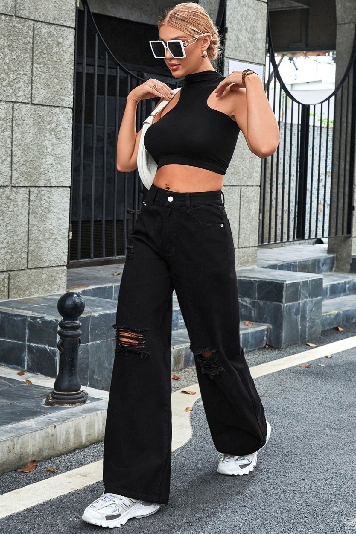 Ripped High Waist Casual Wide Leg Jeans