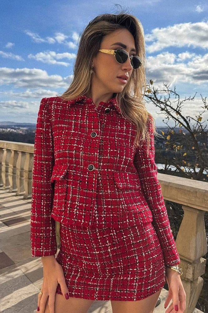 Padded Shoulder Tweed Two Piece Blazer Skirt Set