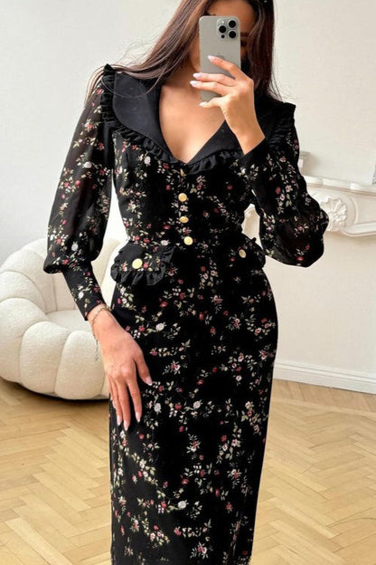 Ruffle Collar Long Sleeve Floral Dress
