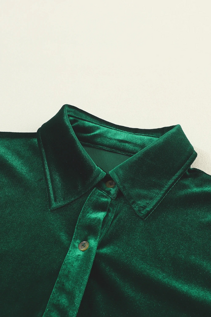 Green Long Sleeve Ruffle Velvet Button Up Shirt Dress
