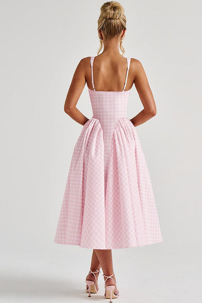 Plaid Printed Ruched Backless Spaghetti Strap Prom Dress