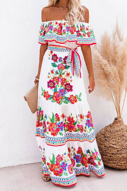 Bohemian Off-Shoulder Floral Print Maxi Dress