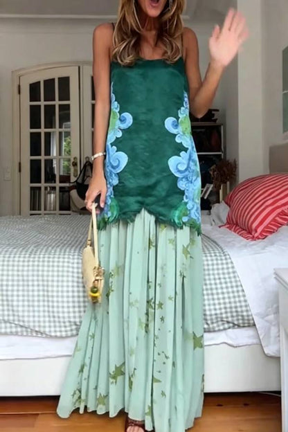 Fresh Bloom Unique Print Satin and Pleated Tulle Hem Slip Maxi Dress