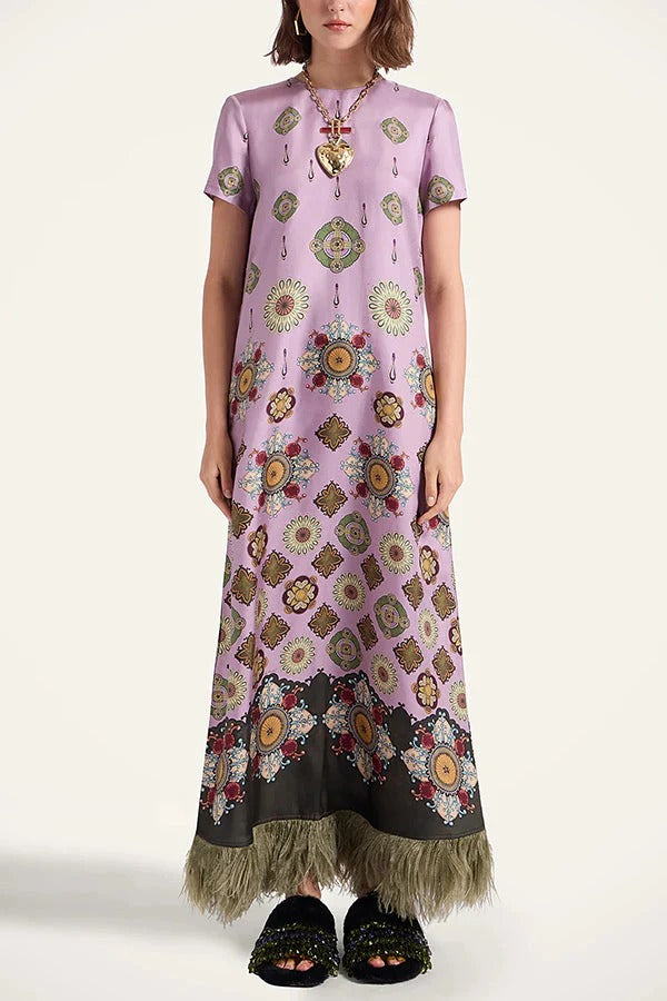 Lucia Satin Baroque Court Style Printed Short Sleeve Pocket Feather Trim Maxi Dress