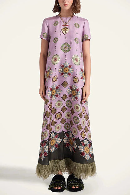 Lucia Satin Baroque Court Style Printed Short Sleeve Pocket Feather Trim Maxi Dress