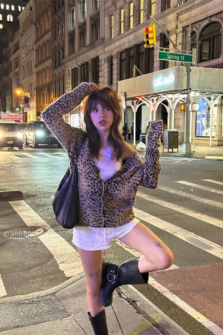 Leopard Mohair V-Neck Knit Top