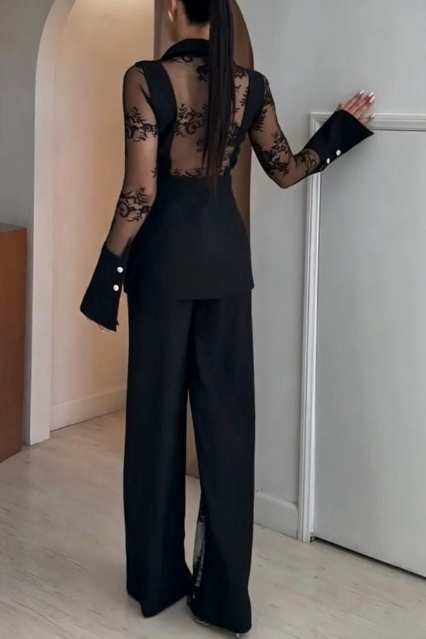 Ninah Front Slit Lace Patchwork High Rise Wide Leg Pants