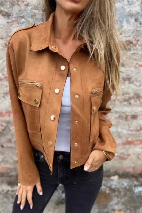 Faux Suede Cargo Collar Cropped Jacket Metal Button Pocket Coat