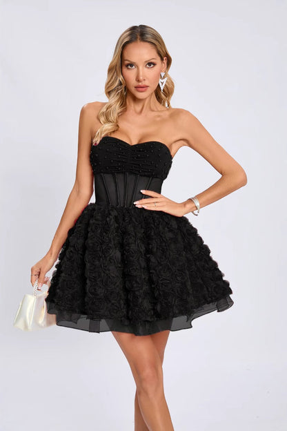 Beaded Mesh Strapless Tulle Mini Graduation Party Dress