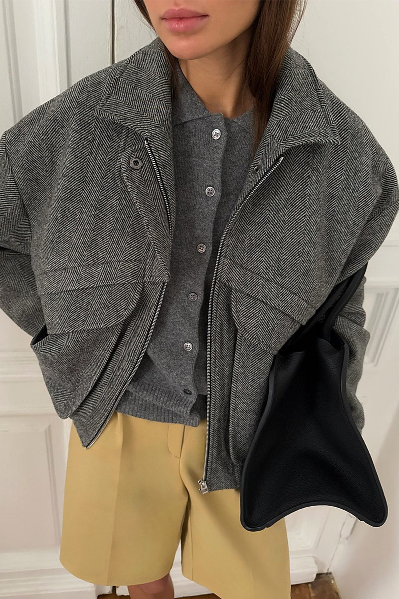 Herringbone Stand Collar Relaxed Coat
