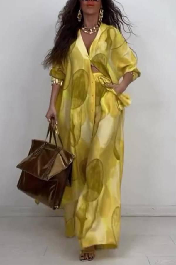 Ink Wash Print Long Shirt Wide Leg Pants Two Piece Set