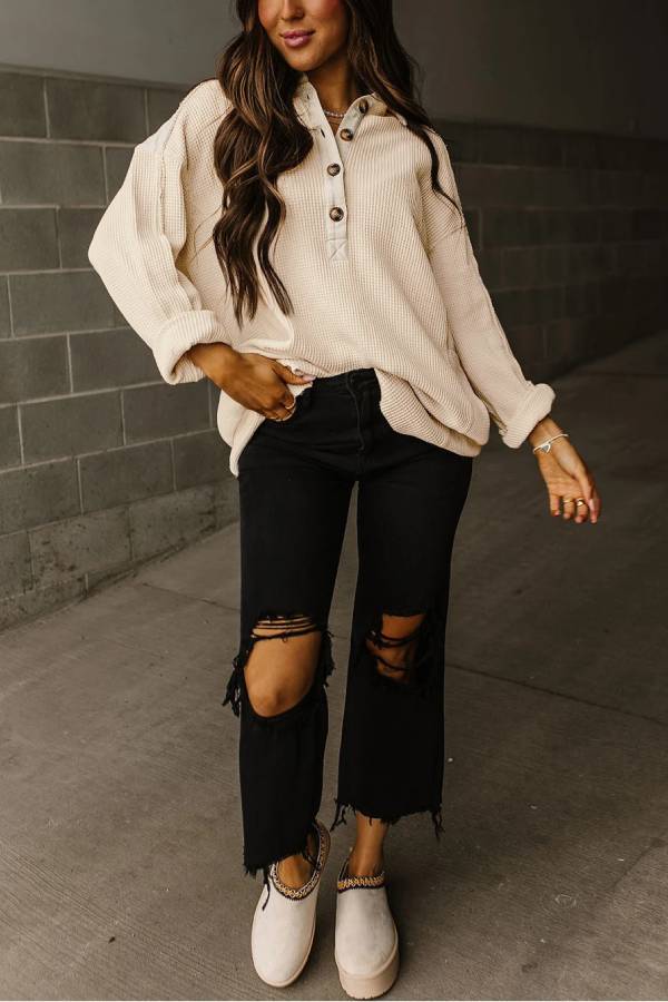 Smoke Green Waffle Patchwork Drop Sleeve Henley Top