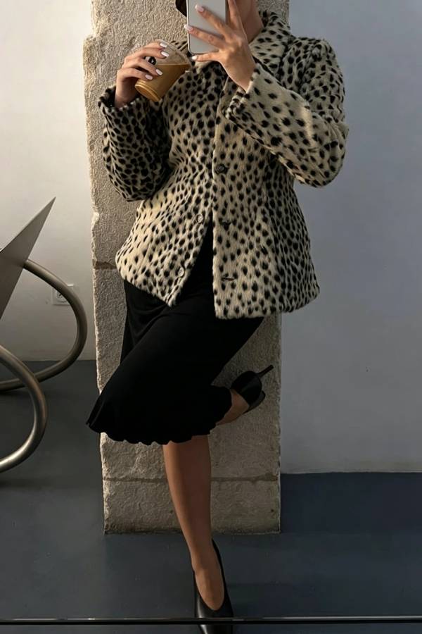 Nasha Faux Fur Leopard Print Button Up Long Sleeve Lapel Jacket