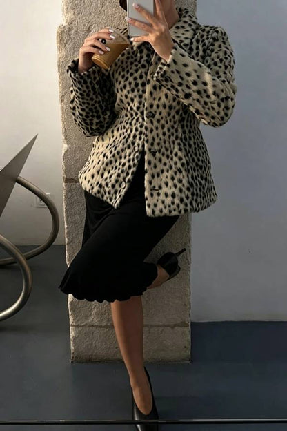 Nasha Faux Fur Leopard Print Button Up Long Sleeve Lapel Jacket