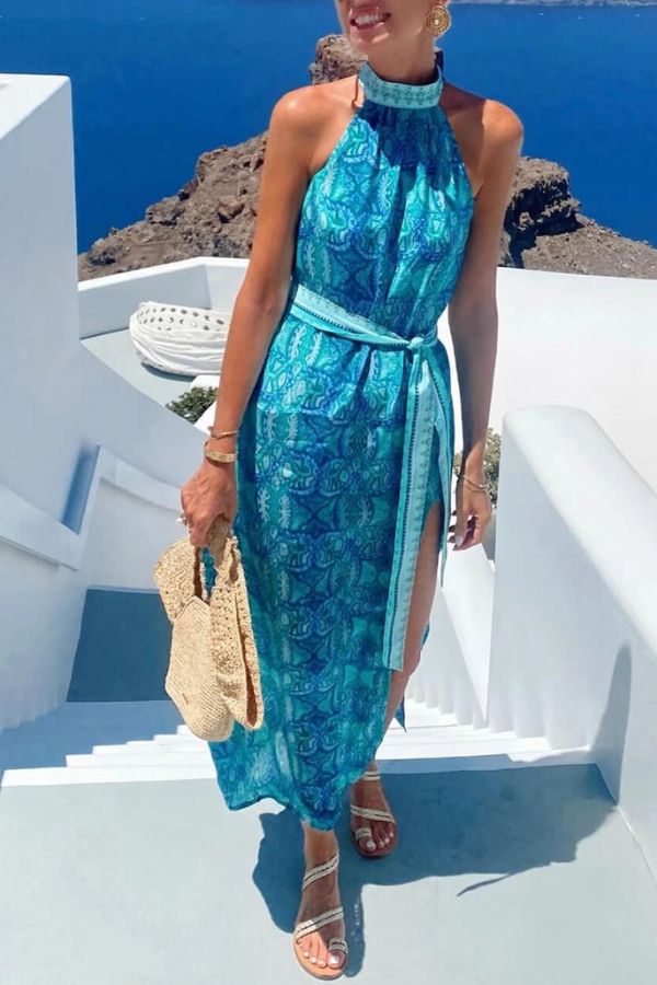 Bohemian Unique Print Slit Belted High Collar Maxi Dress