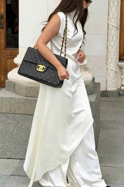 Kallena Satin High Neck Irregular Sleeves Midi Top and High Rise Pocket Loose Pants Set