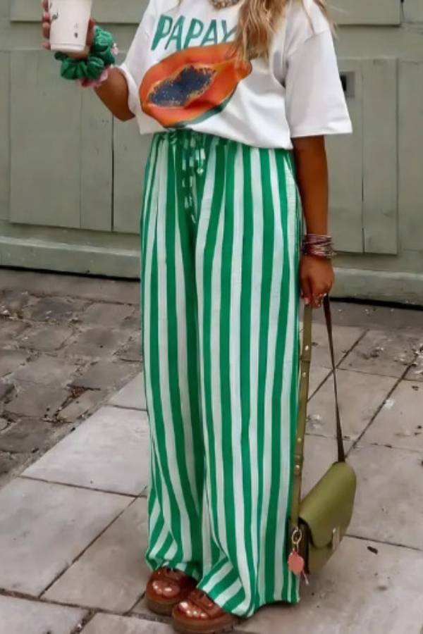 Vacation Striped Drawstring Waist Wide Leg Pants