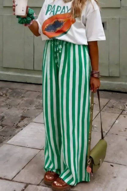Vacation Striped Drawstring Waist Wide Leg Pants