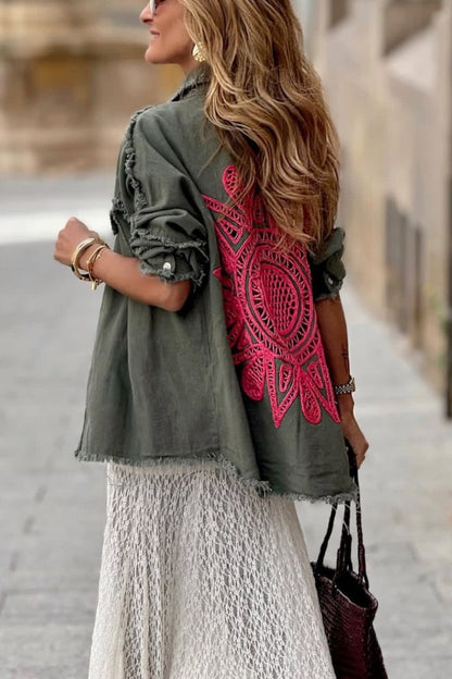Khaki Green Denim Overshirt with Pink Crochet Mandala