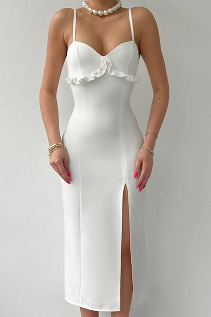 Sweetheart Spaghetti Strap Ruffle Trim High Split Bodycon Midi Dress