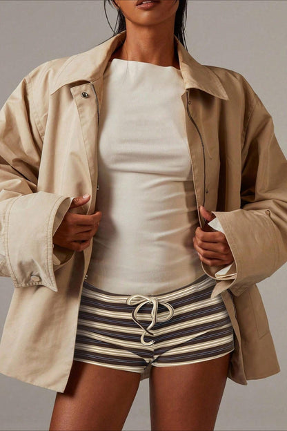 Striped Low Rise Tie Waist Slim Fit Casual Shorts