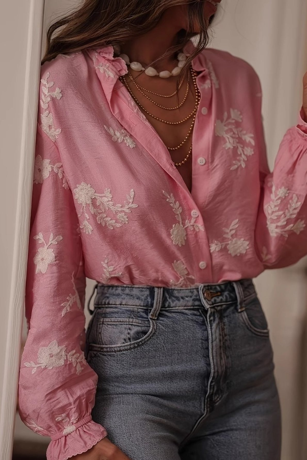 Printed Collared Lantern Sleeve Elegant Long Sleeve Blouse