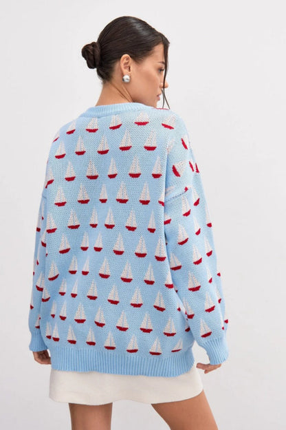 Casual Sailboat Jacquard Pullover Sweater