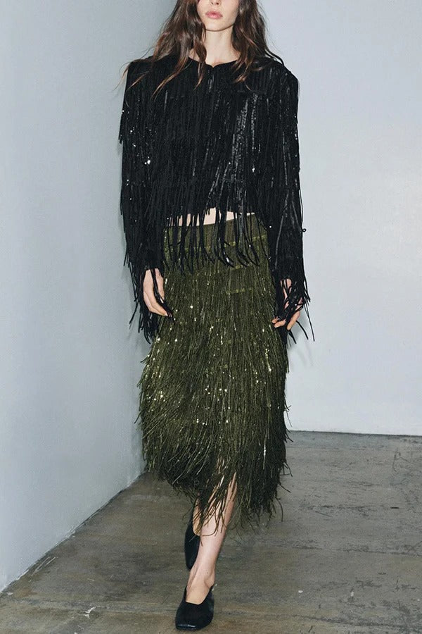 Stylish Sequined Tassel Elegant Midi Skirt