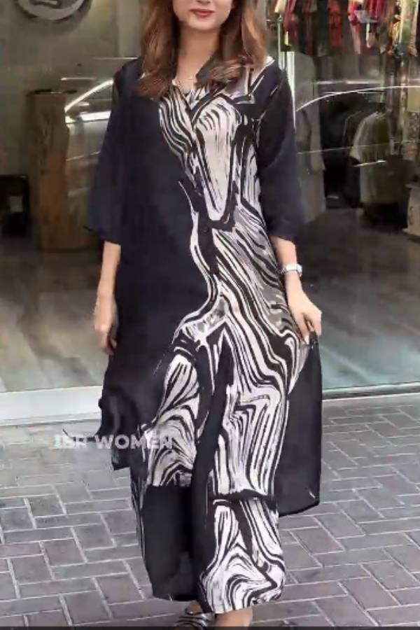 Satin Printed Long Shirt & Wide Leg Pants 2 Piece Southeast Asian Co-ord Set