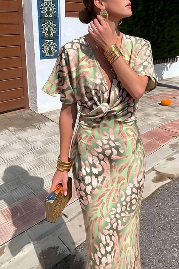 Satin Leopard Twist Front Deep V Bodycon Maxi Dress