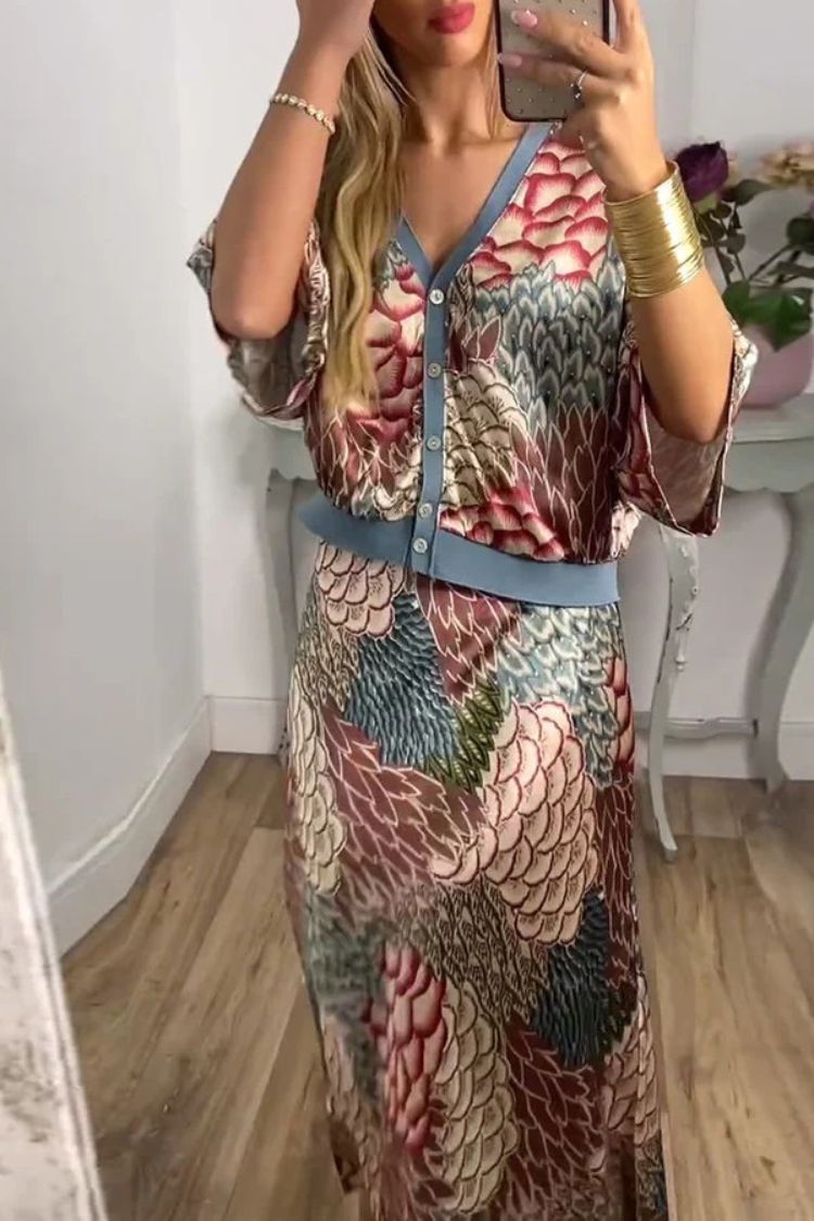 Harlen Satin Unique Printed Loose Shirt Top and Elastic Waist Maxi Skirt Set