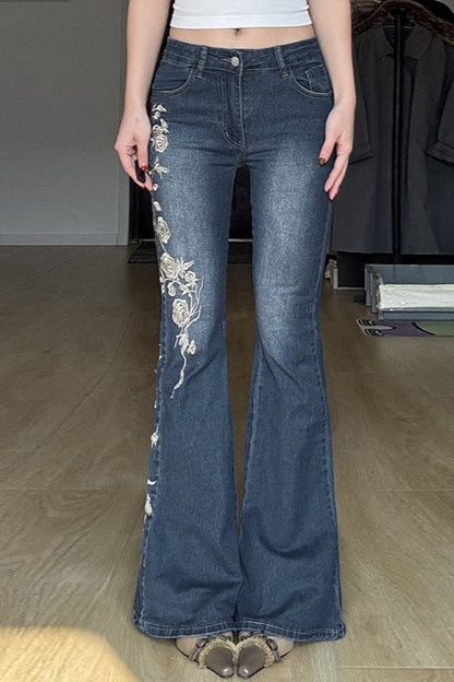 Rose Embroidered Low Rise Flare Leg Jeans