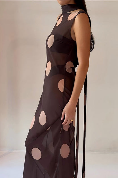 Sheer Mesh Polka Dot Scarf Collar Boat Neck Maxi Dress