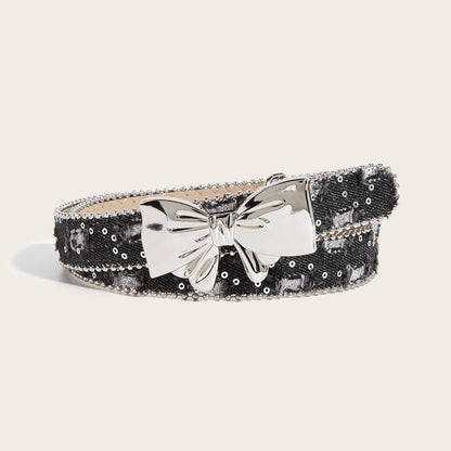 Denim Butterfly Buckle Beaded Statement Belt