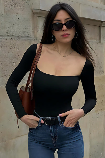 Solid Square Neck Bodycon Long Sleeve Tee