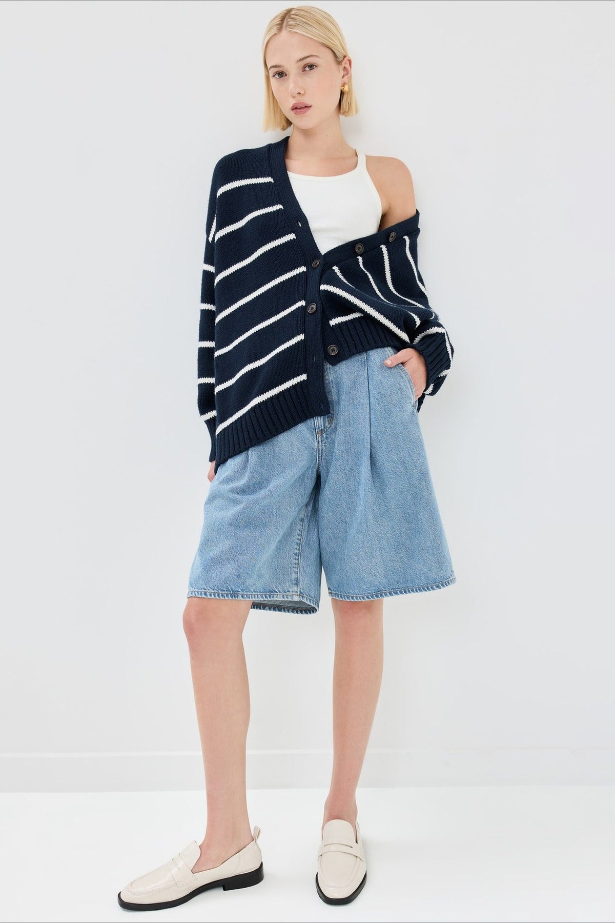Cotton Stripe V Neck Cardigan