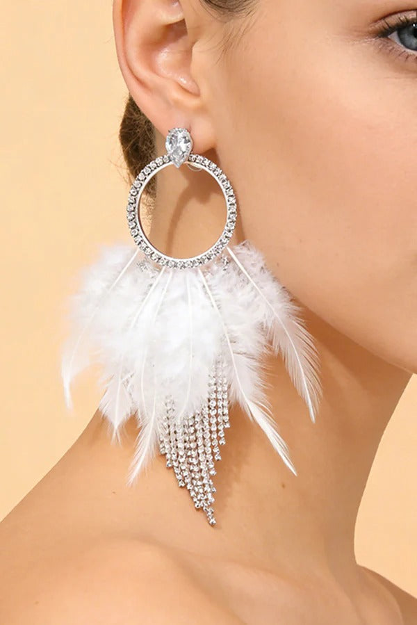 Rhinestone and Feather Tassel Earrings