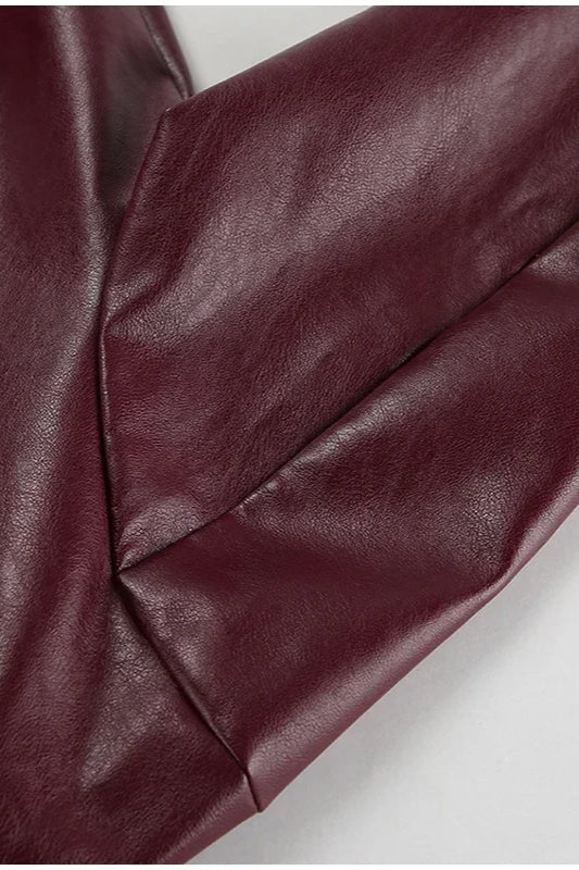 Burgundy Lapel Zip Leather Jacket