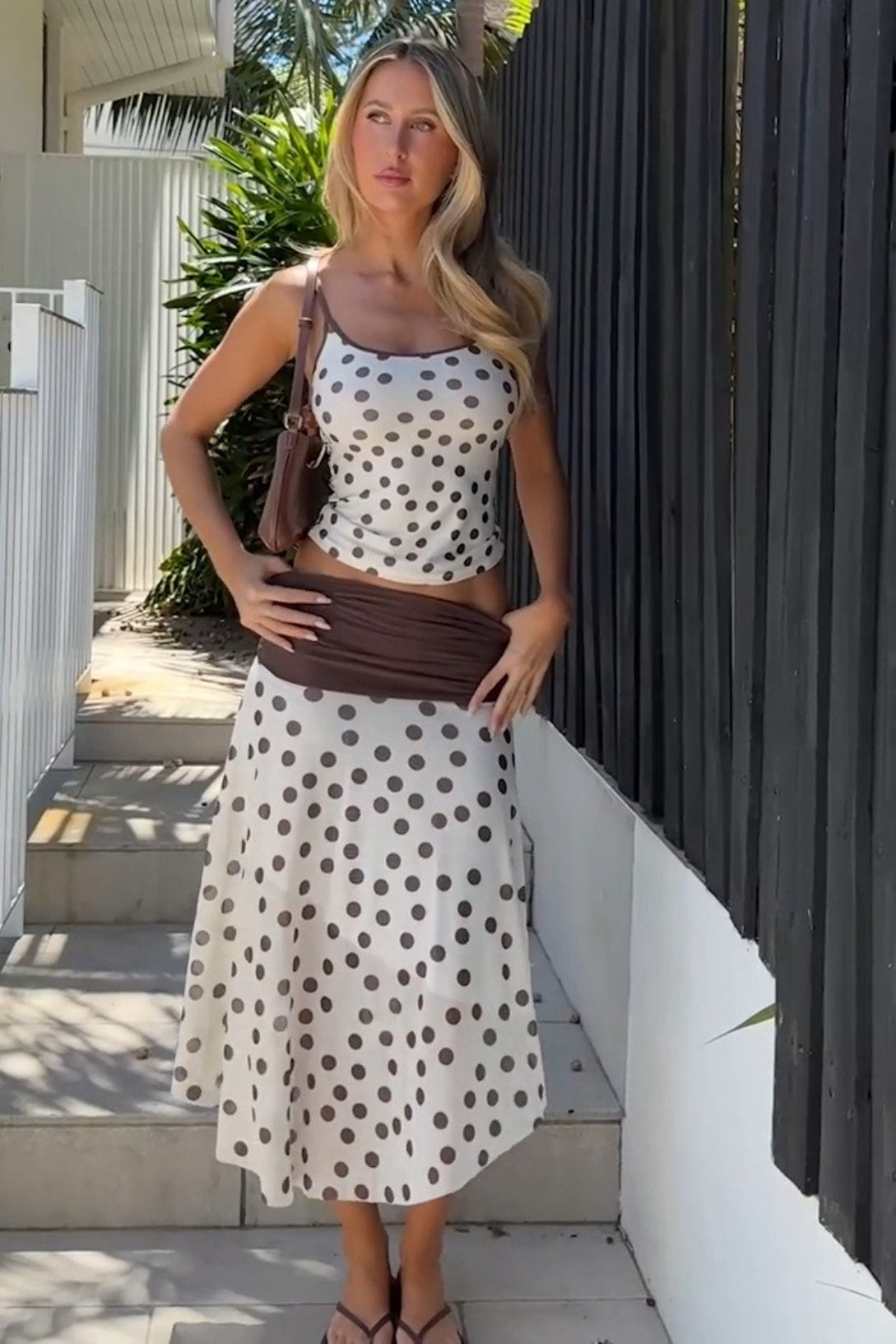 Polka Dot Color Block Cami Crop Top Midi Skirt Set